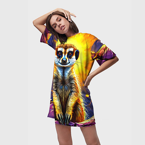 Женская длинная футболка Сурикат в яркиз лучах солнца / 3D-принт – фото 3