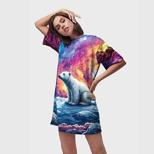 Женская длинная футболка Белый медведь и звездное небо / 3D-принт – фото 3
