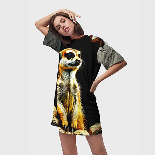 Женская длинная футболка Сурикат на черном / 3D-принт – фото 3