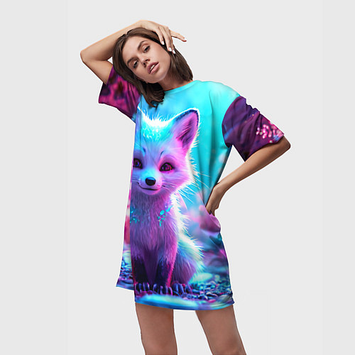 Женская длинная футболка Песец в неоновом свете / 3D-принт – фото 3
