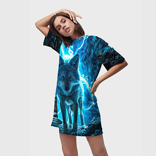Женская длинная футболка Волк в разрядах молнии / 3D-принт – фото 3