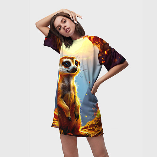 Женская длинная футболка Сурикат в огне / 3D-принт – фото 3