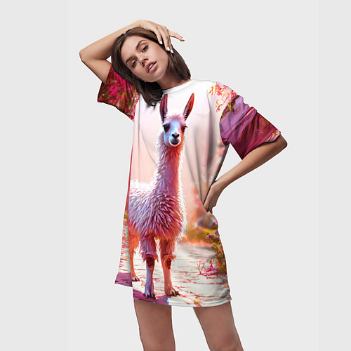 Женская длинная футболка Альпака в розовом / 3D-принт – фото 3