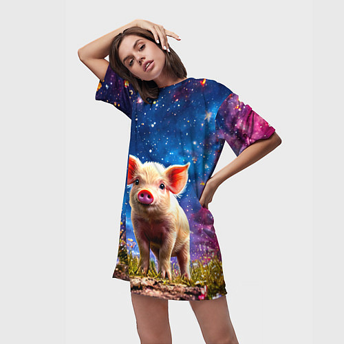 Женская длинная футболка Поросенок и звездное небо / 3D-принт – фото 3