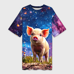 Футболка женская длинная Поросенок и звездное небо, цвет: 3D-принт
