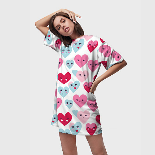 Женская длинная футболка Сердечки-смайлики / 3D-принт – фото 3