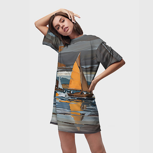 Женская длинная футболка Живопись с парусниками / 3D-принт – фото 3