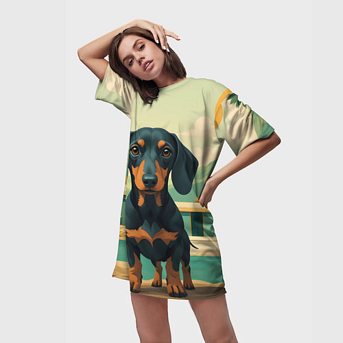 Женская длинная футболка Такса и лето / 3D-принт – фото 3