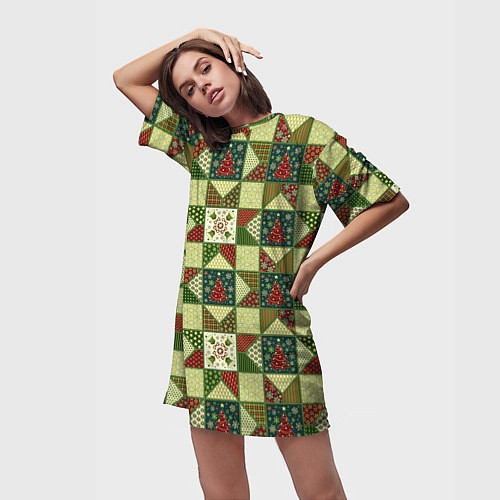 Женская длинная футболка Лоскутный рождественский узор / 3D-принт – фото 3