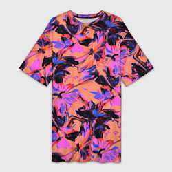Футболка женская длинная Абстрактные цветы - текучая краска, цвет: 3D-принт