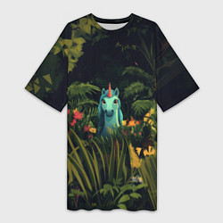 Футболка женская длинная Голубая единорожка, цвет: 3D-принт