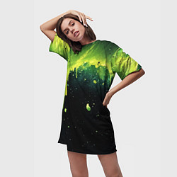Футболка женская длинная Зеленая стекающая краска по черному фону, цвет: 3D-принт — фото 2
