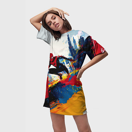 Женская длинная футболка Человек - паук и пролитая краска / 3D-принт – фото 3