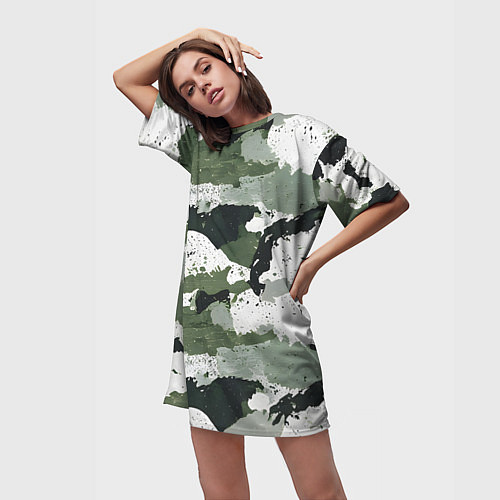 Женская длинная футболка Зеленый фактурный камуфляж / 3D-принт – фото 3