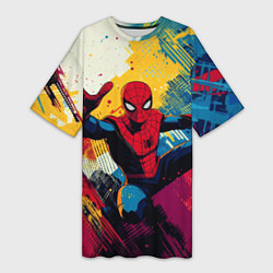 Футболка женская длинная Человек паук висит на паутине, цвет: 3D-принт