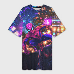 Футболка женская длинная Человек-паук и фиолетовый свет, цвет: 3D-принт