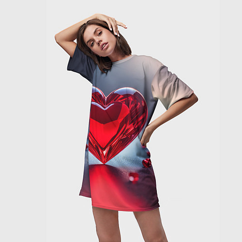 Женская длинная футболка Хрустальное красное сердце на сером фоне с боке / 3D-принт – фото 3