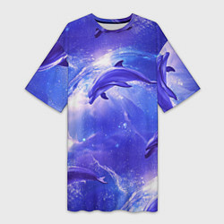 Футболка женская длинная Дельфины в волшебном море паттерн, цвет: 3D-принт
