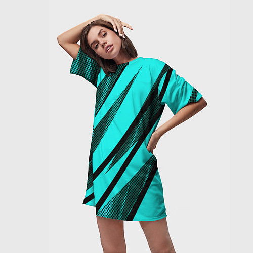 Женская длинная футболка Неоновый голубой с чёрным абстракция с полосами / 3D-принт – фото 3