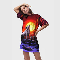 Футболка женская длинная Белый волк воет на луну, цвет: 3D-принт — фото 2