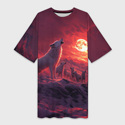 Футболка женская длинная Белый волк воет на луну, цвет: 3D-принт