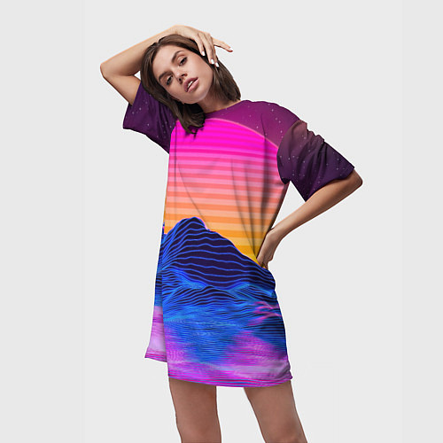 Женская длинная футболка Неоновый закат / 3D-принт – фото 3