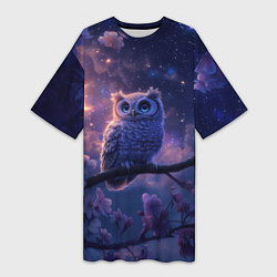 Футболка женская длинная Ночная сова на ветке, цвет: 3D-принт