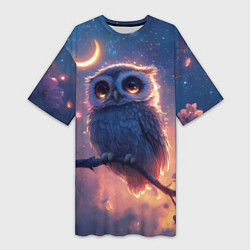 Футболка женская длинная Совушка и полумесяц, цвет: 3D-принт