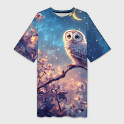 Футболка женская длинная Сова на фоне ночного неба, цвет: 3D-принт