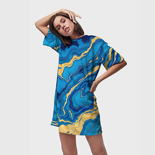 Женская длинная футболка Синий мрамор с золотом / 3D-принт – фото 3