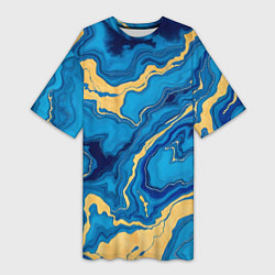 Футболка женская длинная Синий мрамор с золотом, цвет: 3D-принт