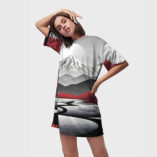 Женская длинная футболка Белые горы и красные деревья / 3D-принт – фото 3