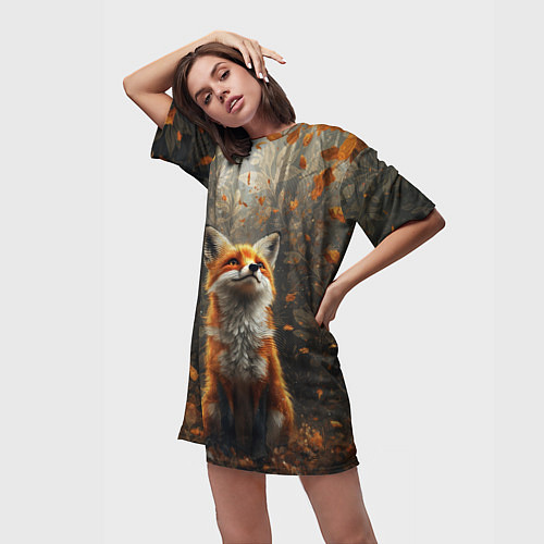 Женская длинная футболка Довольный лис в лесной чаще / 3D-принт – фото 3