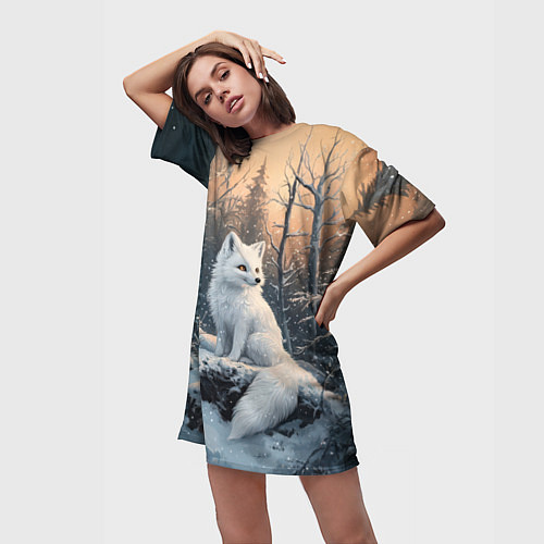 Женская длинная футболка Белый лисенок в зимнем лесу / 3D-принт – фото 3