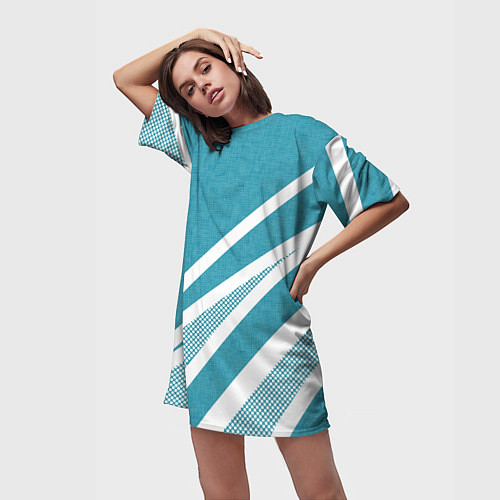 Женская длинная футболка Бело-голубой абстракция с полосами / 3D-принт – фото 3