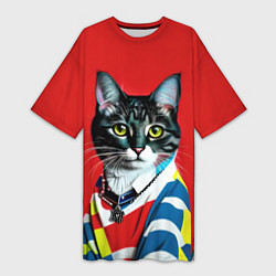 Футболка женская длинная Милая кисуля в модном пуловере - поп-арт, цвет: 3D-принт