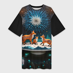 Футболка женская длинная Семья из трех лисиц, цвет: 3D-принт