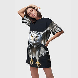 Футболка женская длинная Белая сова на темном фоне, цвет: 3D-принт — фото 2