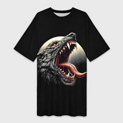 Футболка женская длинная Волчья морда на фоне луны - нейроарт, цвет: 3D-принт