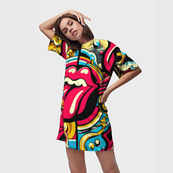 Футболка женская длинная Rolling Stones logo - pop art pattern, цвет: 3D-принт — фото 2