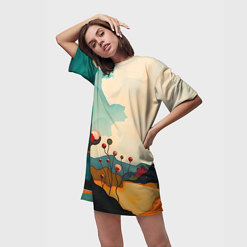 Женская длинная футболка Сюрреалистичный пейзаж с цветами / 3D-принт – фото 3
