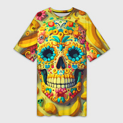 Футболка женская длинная Красочный летний паттерн с черепом - нейроарт, цвет: 3D-принт