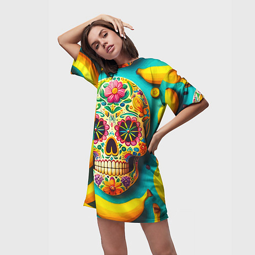 Женская длинная футболка Череп и бананы - летняя композиция / 3D-принт – фото 3