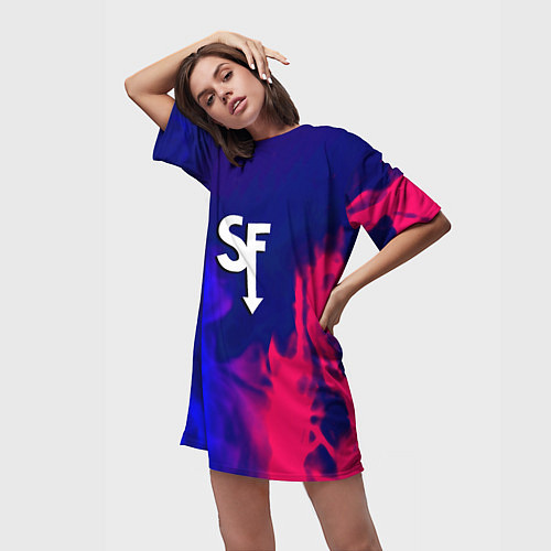 Женская длинная футболка Sally face neon flame / 3D-принт – фото 3