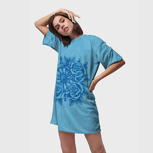 Женская длинная футболка Штурвал и три розы / 3D-принт – фото 3