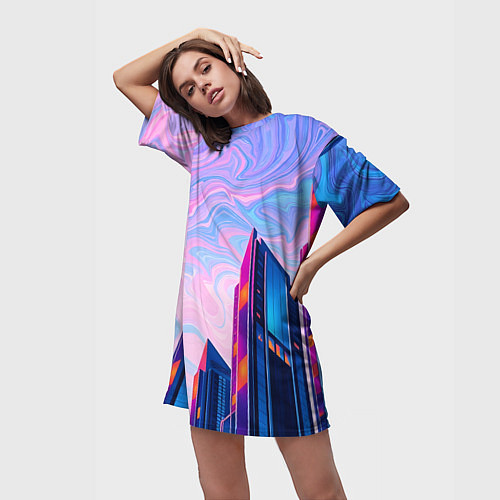 Женская длинная футболка Абстракция с небоскребами / 3D-принт – фото 3