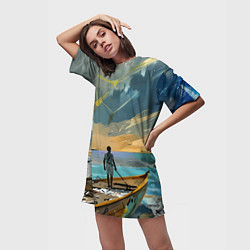 Футболка женская длинная Мальчик и лодка, цвет: 3D-принт — фото 2