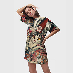 Футболка женская длинная Котики и рыбки в сакуре, цвет: 3D-принт — фото 2