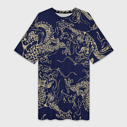 Футболка женская длинная Золотые драконы на синем, цвет: 3D-принт
