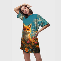 Футболка женская длинная Лисица в цветочном поле, цвет: 3D-принт — фото 2